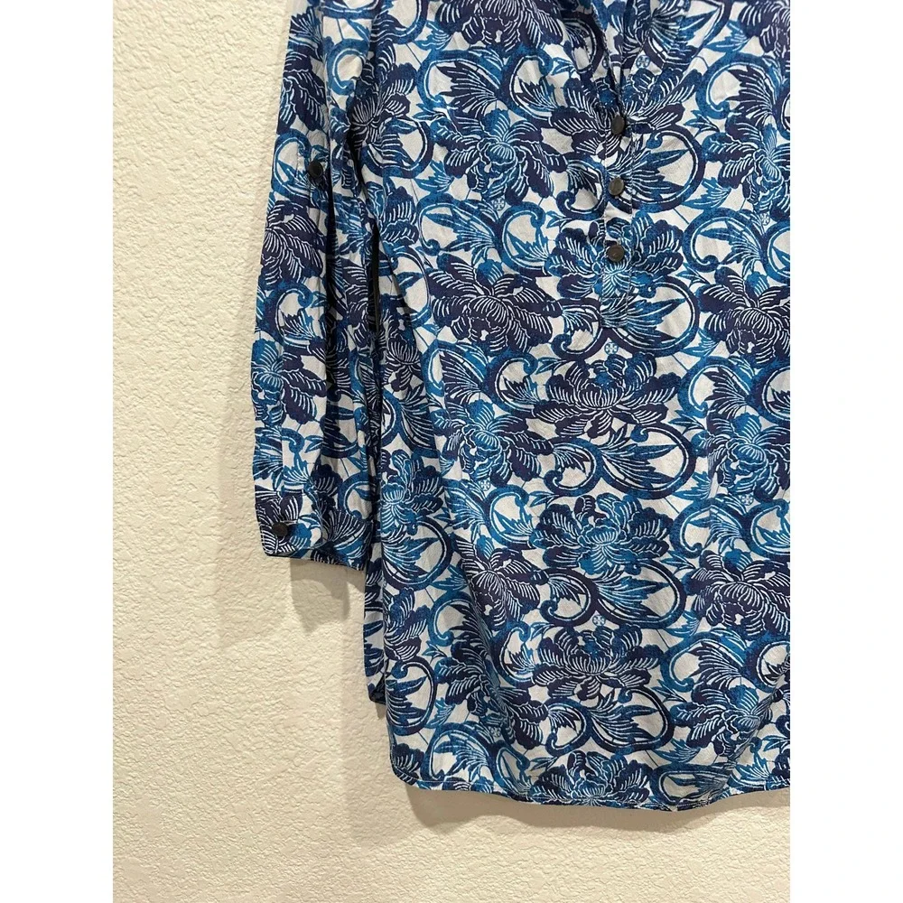 Tory Burch Blue Floral Silk Blend‎ Roll Tab Sleeve Tunic Top Blouse Size 8
